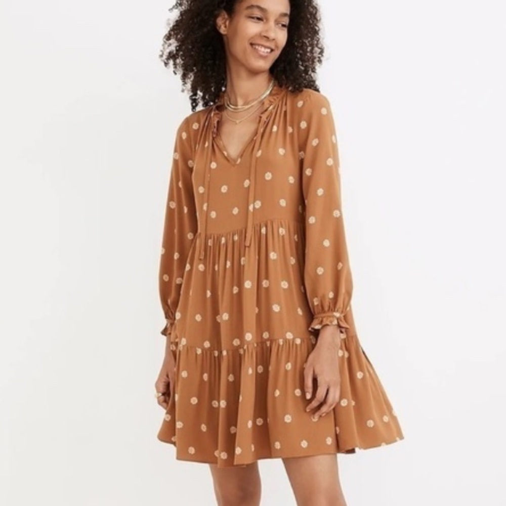Madewell Tie-Neck Tiered Babydoll Mini Dress in Bloom Dot Floral Warm Hickory S